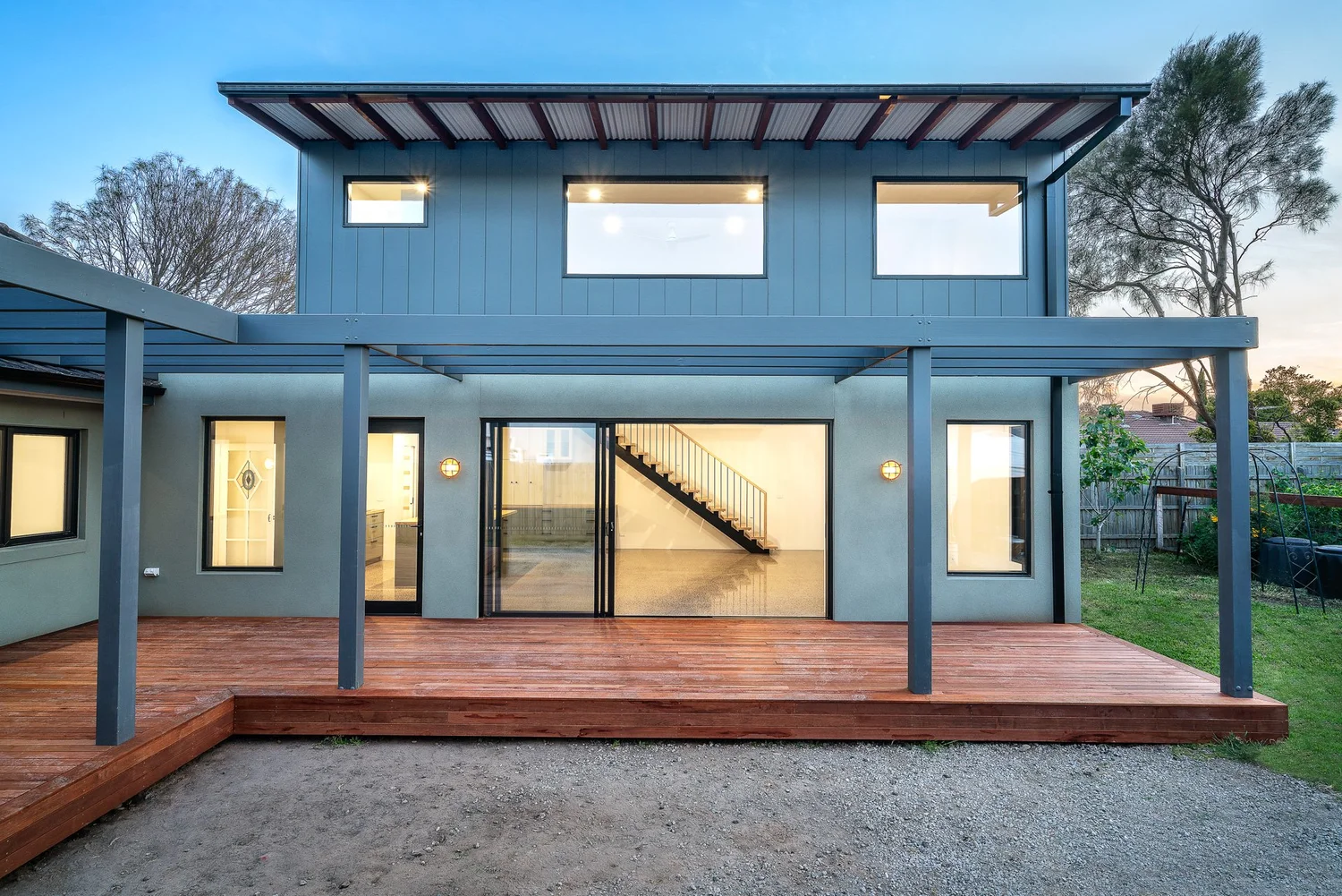 Charcoal two-storey extension, pergola and timber deck, Colin Street Bentleigh East