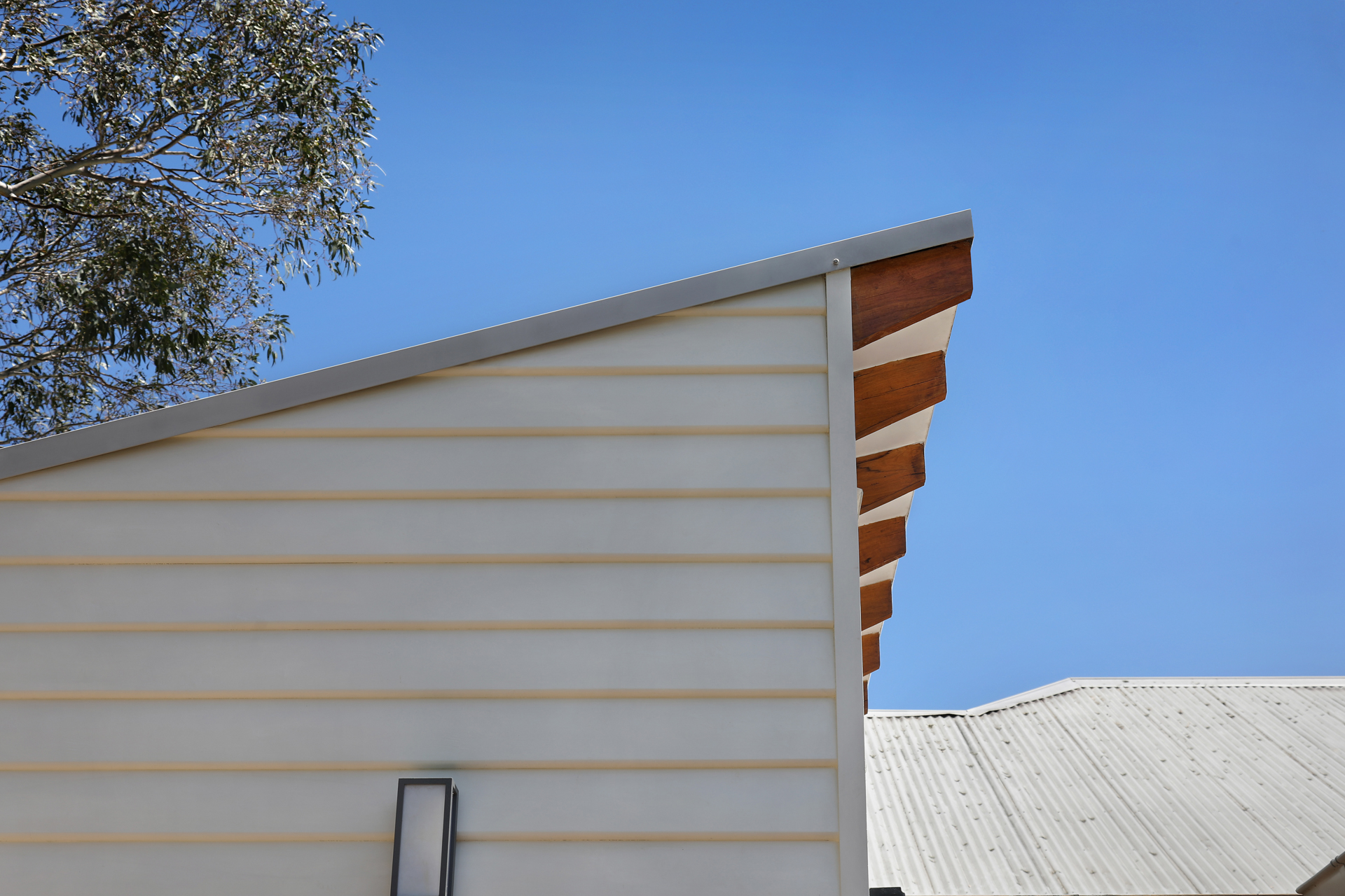 Timber gable junction detail under construction in Macleod